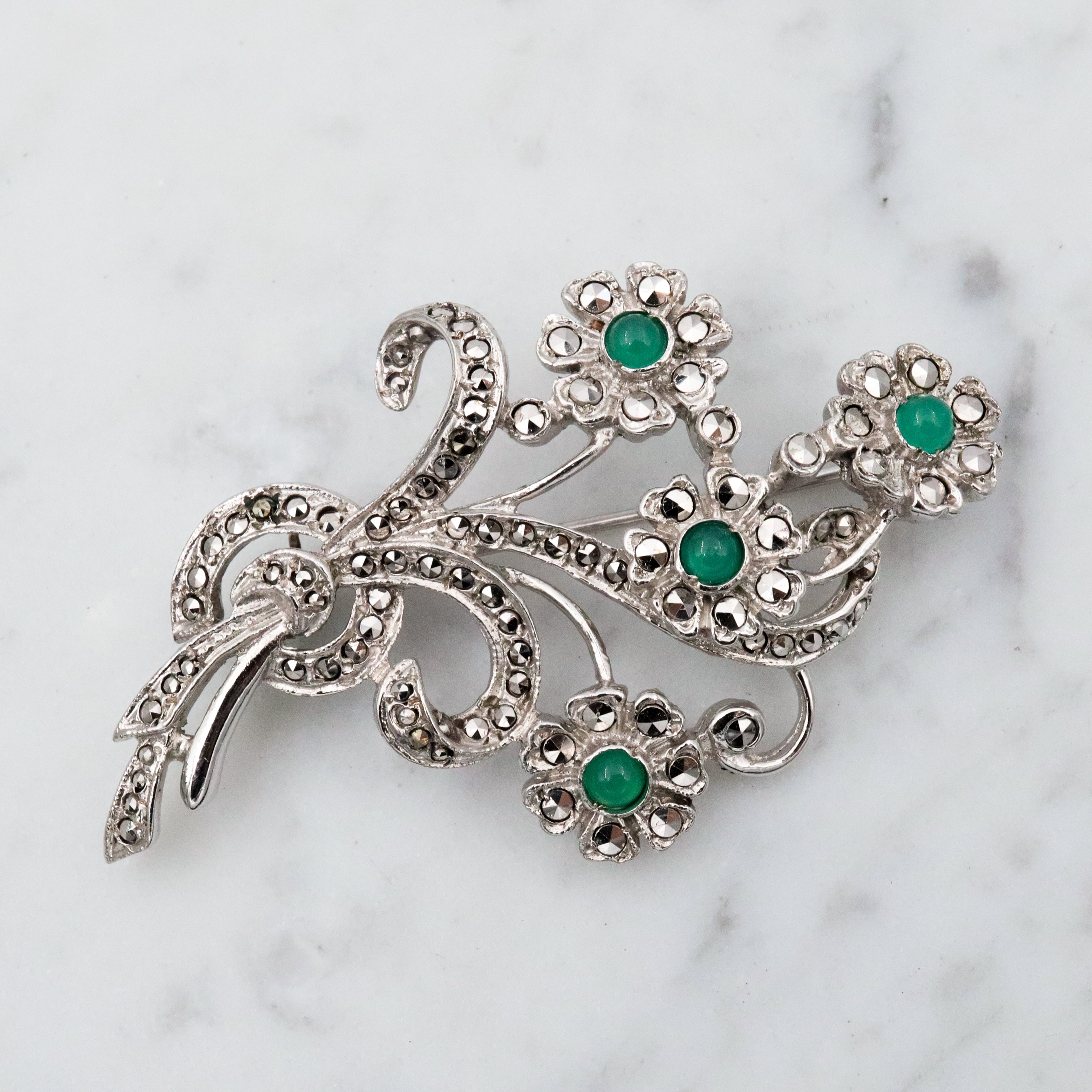 Antique Art Deco sterling marcasite flower brooch w/chrysoprase by Bliss Brothers